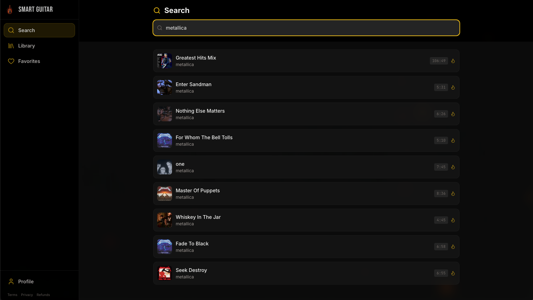 Smart Guitar search results for Metallica showing Enter Sandman, Nothing Else Matters, and more